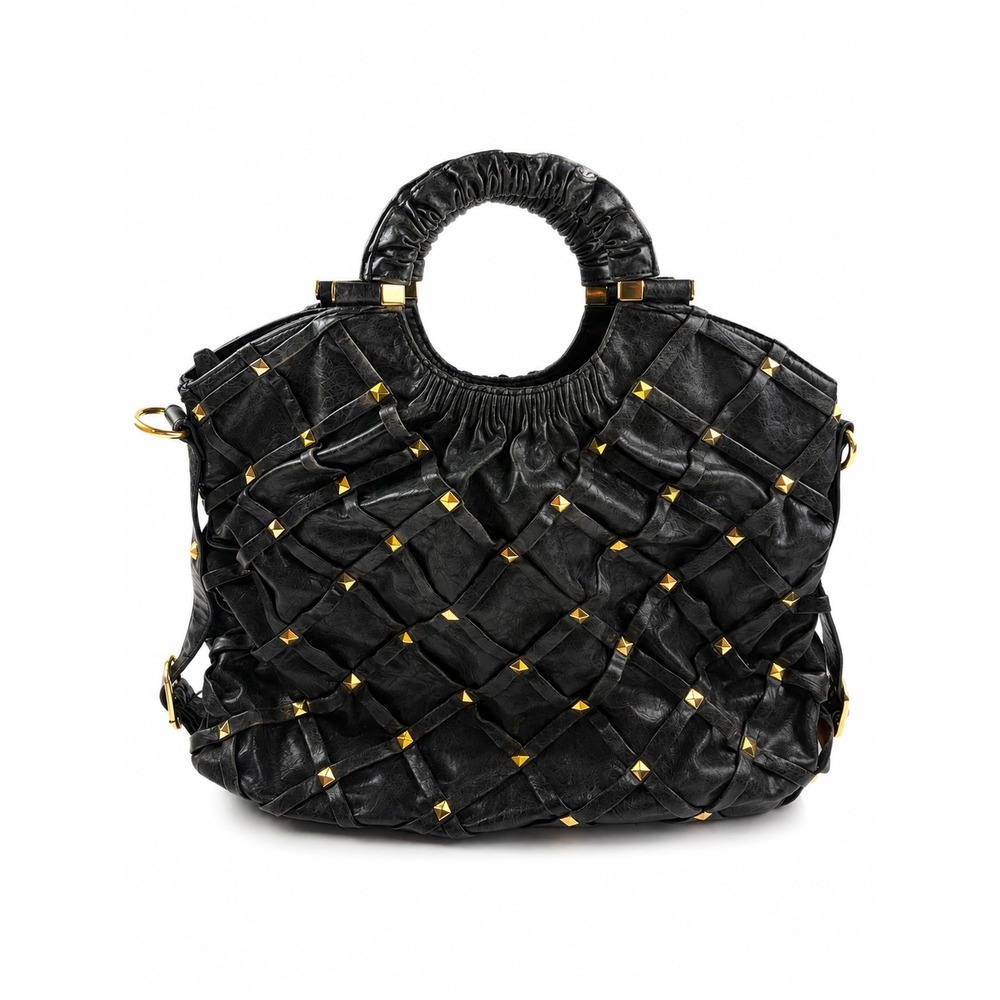Big Buddha Vintage Y2K Black Leather Edgy Studded Woven Hobo Shoulder Bag